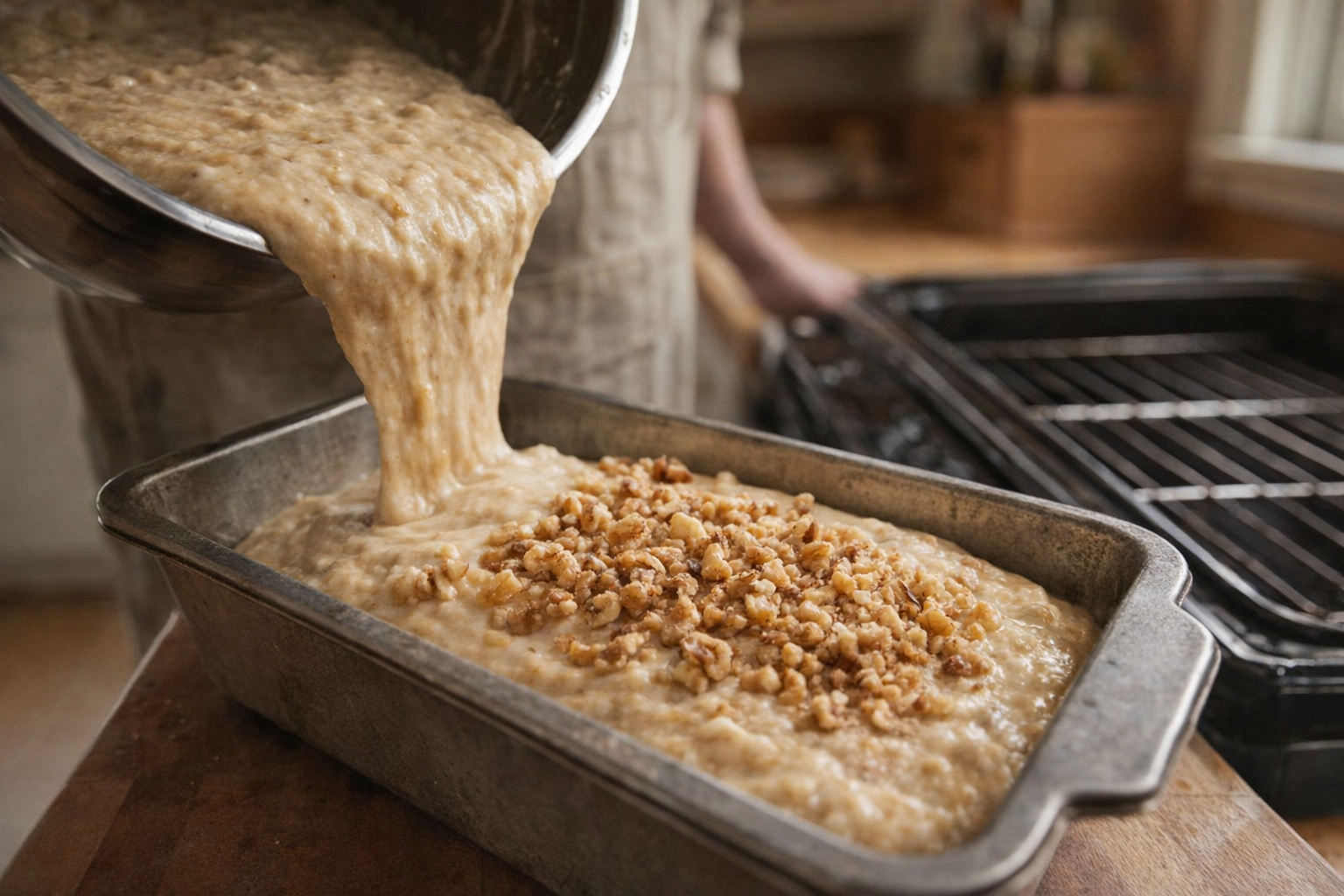 Banana bread batter being poured into a greased loaf pan, walnuts sprinkled on top, oven rack in the background, warm kitchen environment